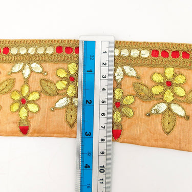 Orange Art Silk Fabric Trim, Red & Gold Floral Embroidery Gota Patti Indian Sari Border Trim By Yard Decorative Trim Craft Lace
